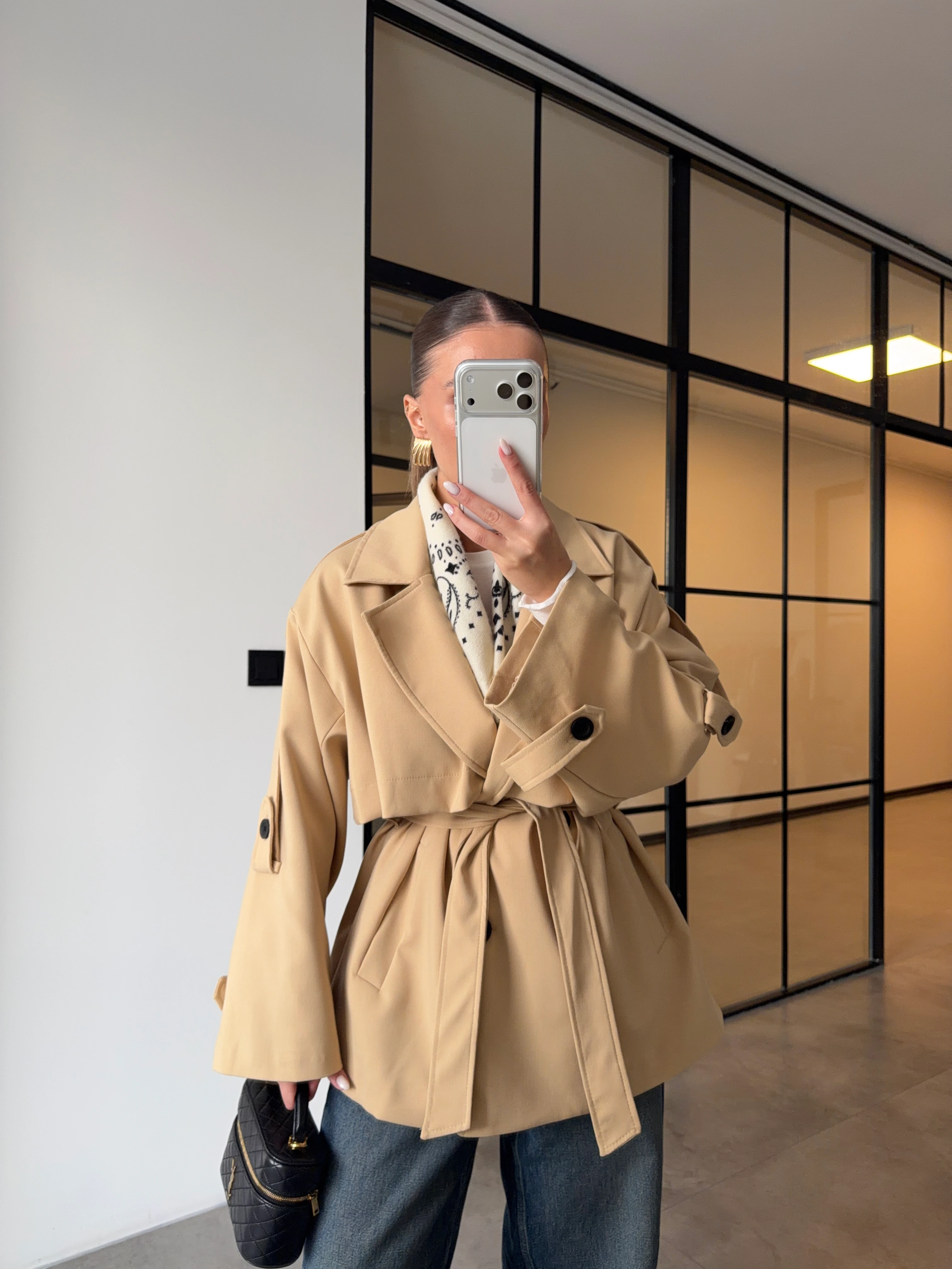 OVERSİZE ARA BOY BEJ RENGİ TRENÇKOT