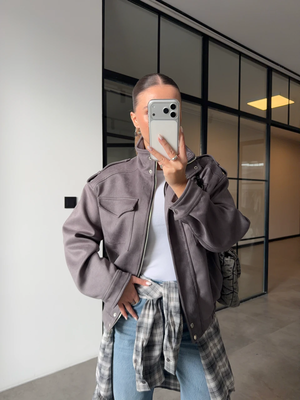 GENİŞ CEPLİ SÜET BOMBER CEKET - Antrasit