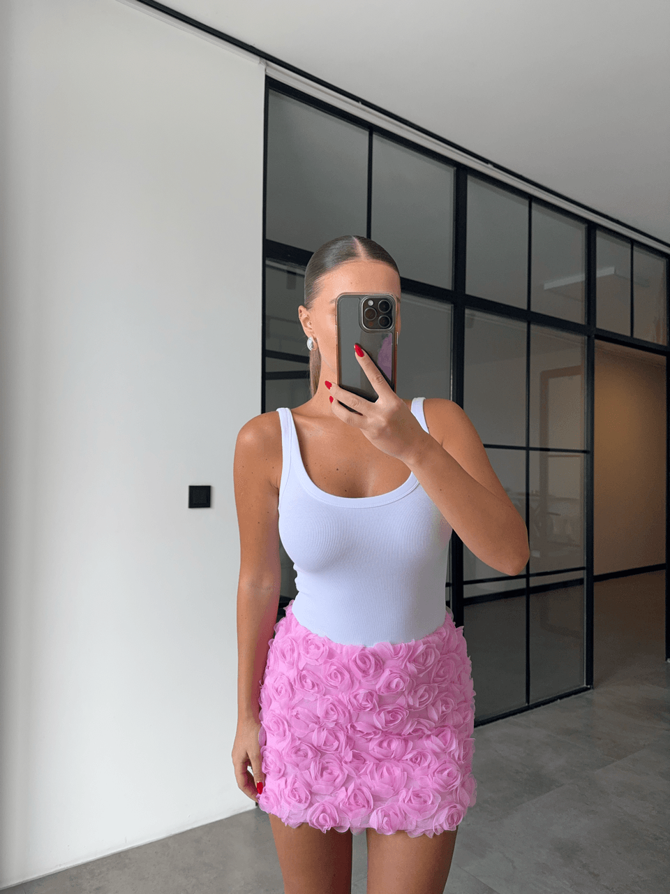 KABARTMA GÜL DETAYLI PEMBE MİNİ ETEK