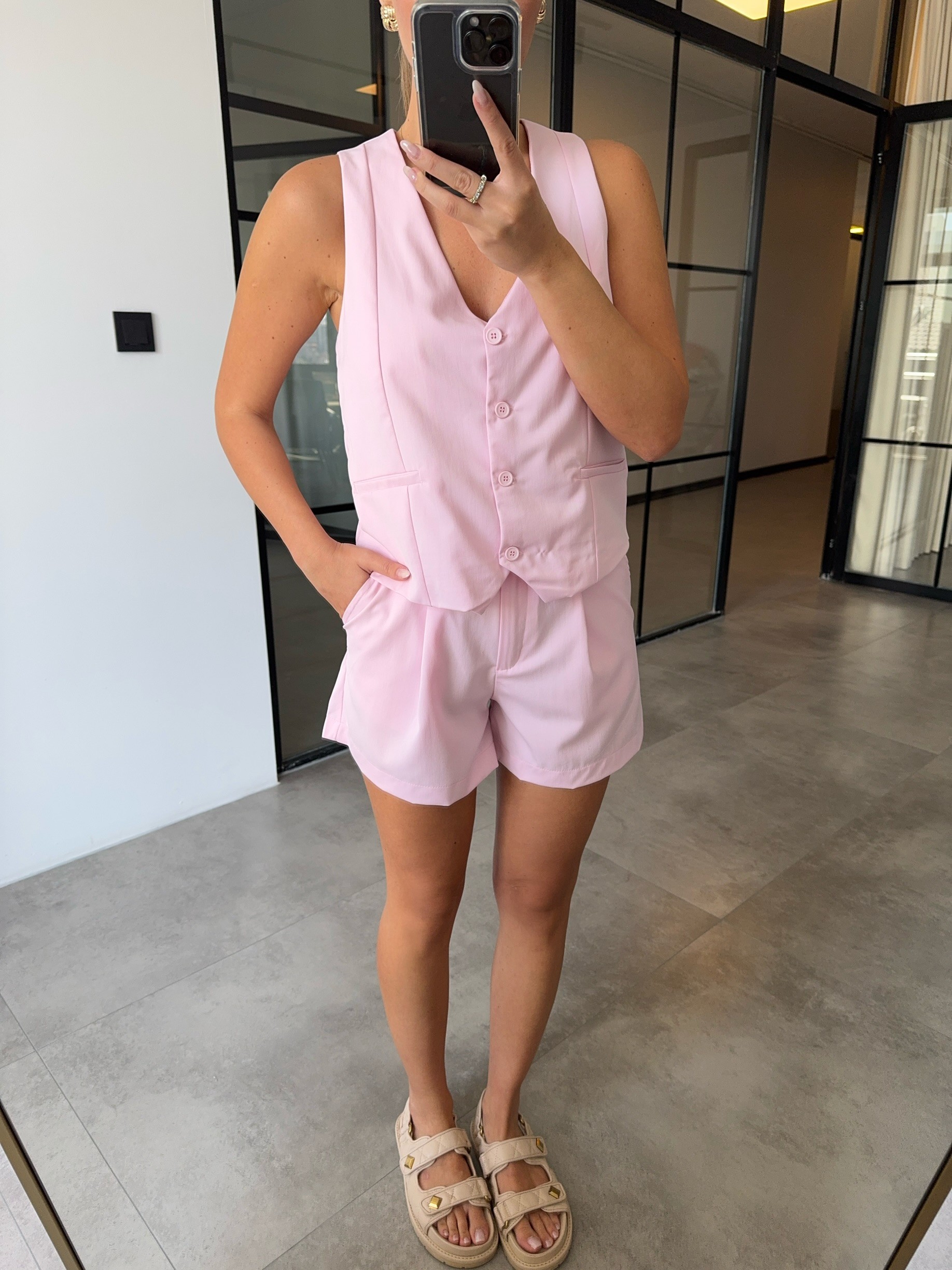 YELEK PİLELİ ŞORT PEMBE TAKIM