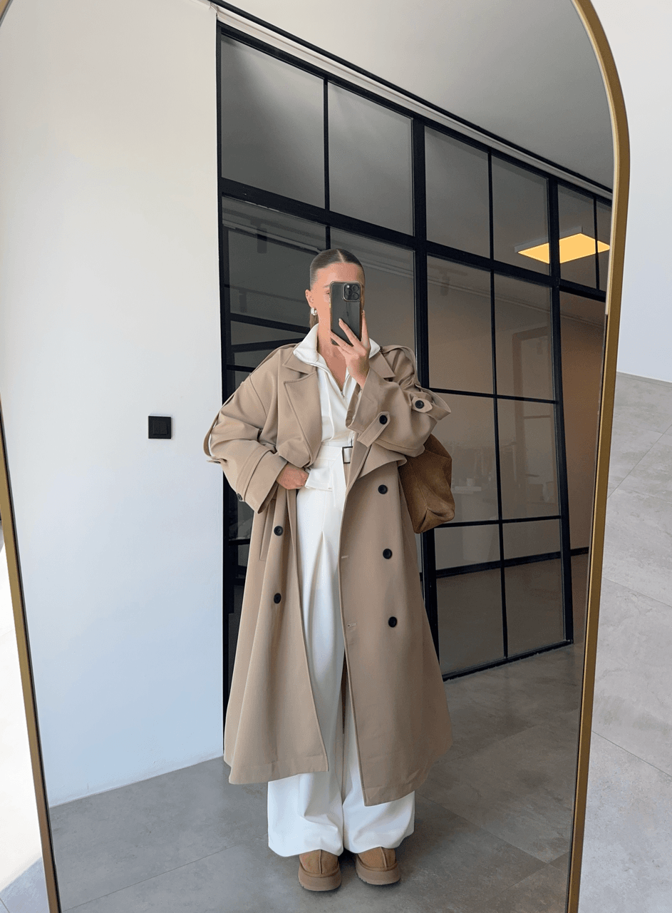 DÜŞÜK OMUZ OVERSİZE CAMEL TRENÇKOT
