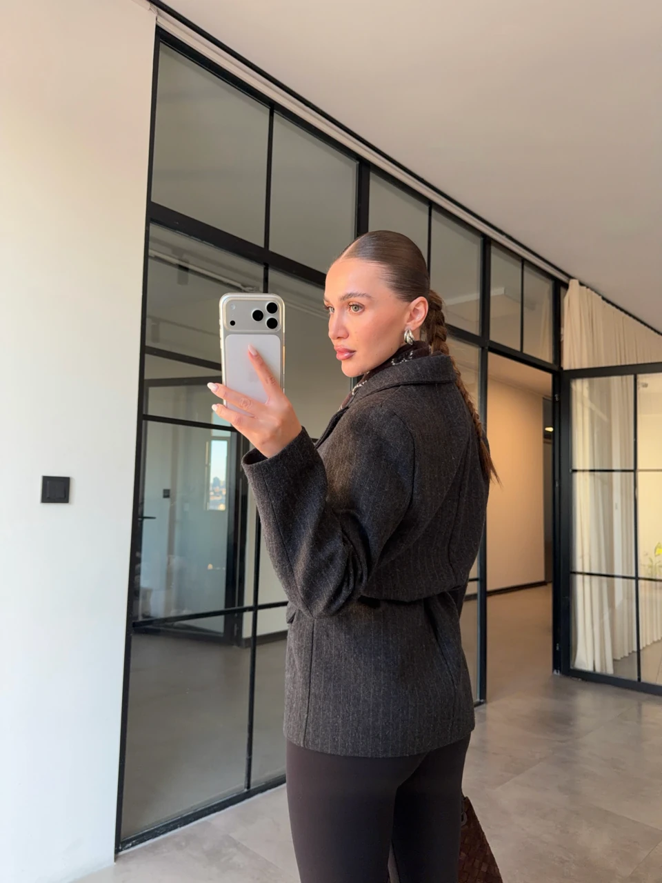 ANTRASİT ÇİZGİLİ KEMERLİ KAŞE CEKET