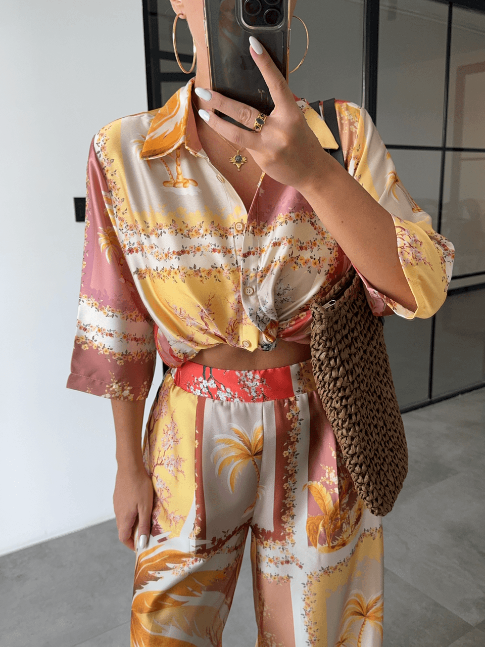 PATTERNED SHINY SATIN SHIRT AND TROUSER SET