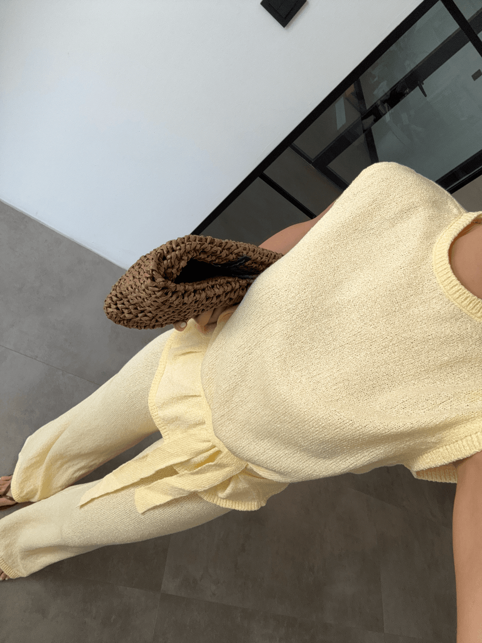 SIFIRKOL BAĞLAMALI BLUZ PANTOLON SARI İNCE TRİKO TAKIM