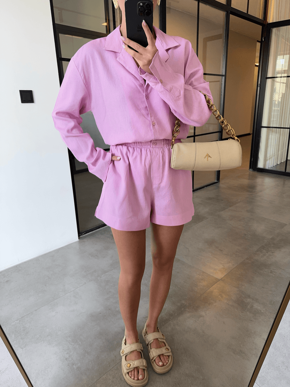 LONG SLEEVE SHIRT BUTTONED SHORTS PINK LINEN SET