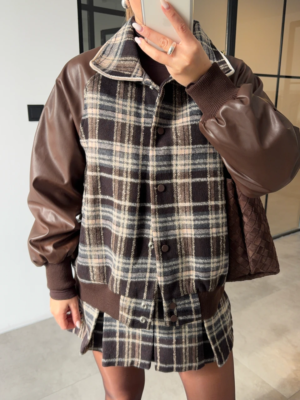 KAŞE EKOSELİ DERİ KOLLU BOMBER CEKET