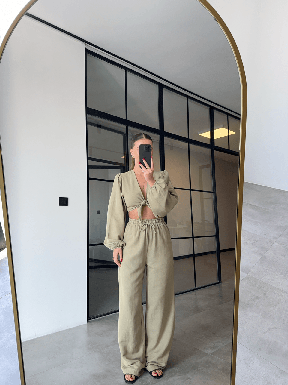 BAĞLAMALI CROP BLUZ PANTOLON HAKİ KETEN TAKIM