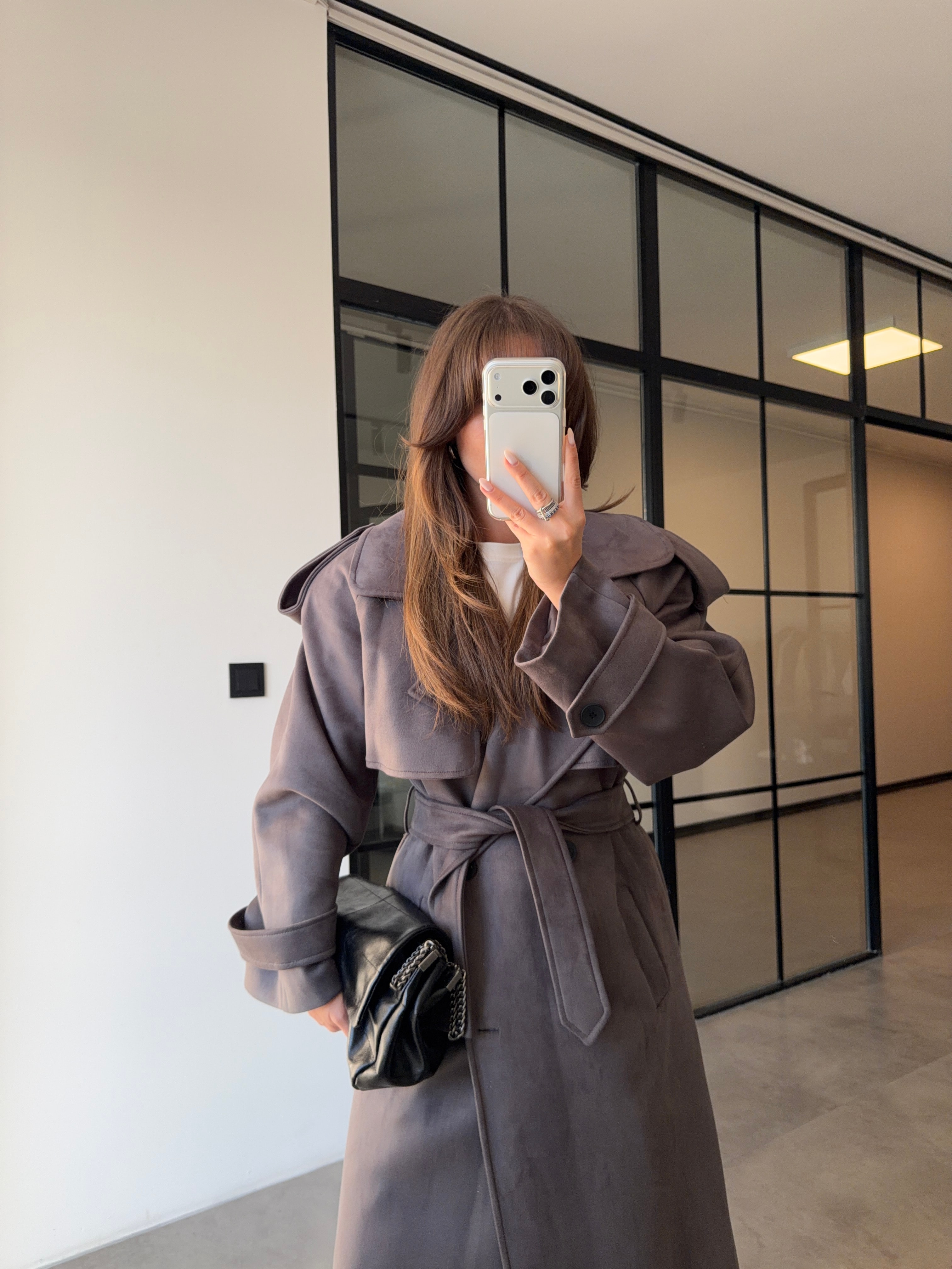 PREMİUM VATKALI ANTRASİT SÜET TRENÇKOT