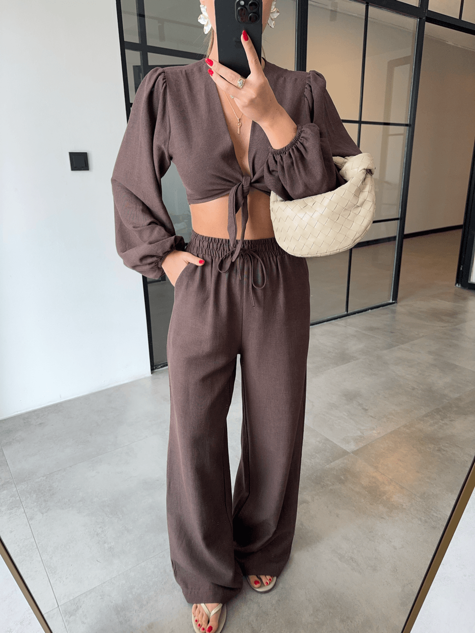 BAĞLAMALI CROP BLUZ PANTOLON KAHVERENGİ KETEN TAKIM