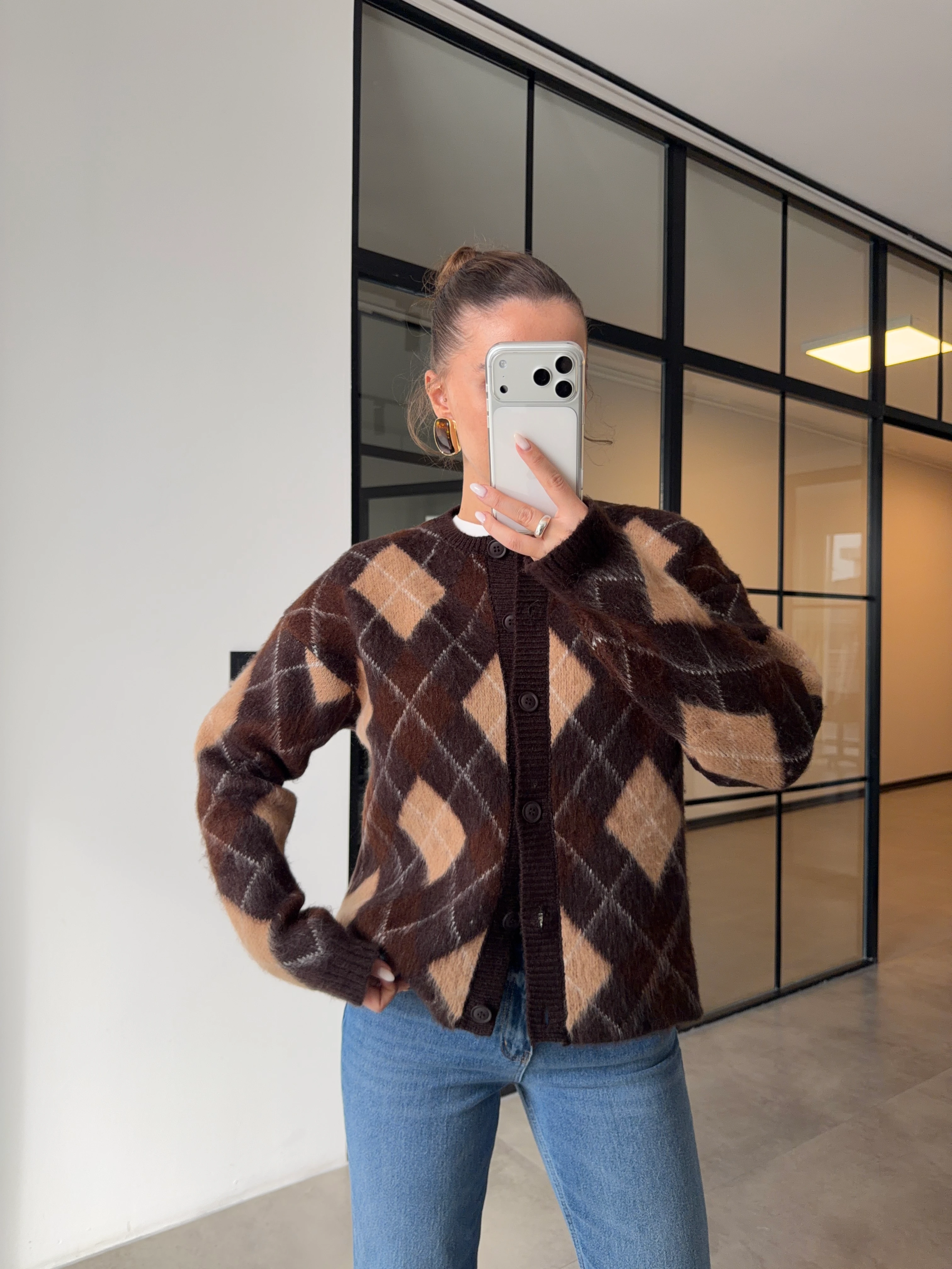 BAKLAVA DESENLİ ŞARDONLU KAHVERENGİ HIRKA