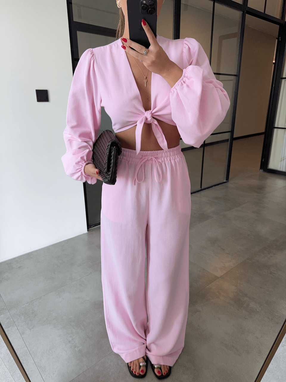 BAĞLAMALI CROP BLUZ PANTOLON PEMBE KETEN TAKIM