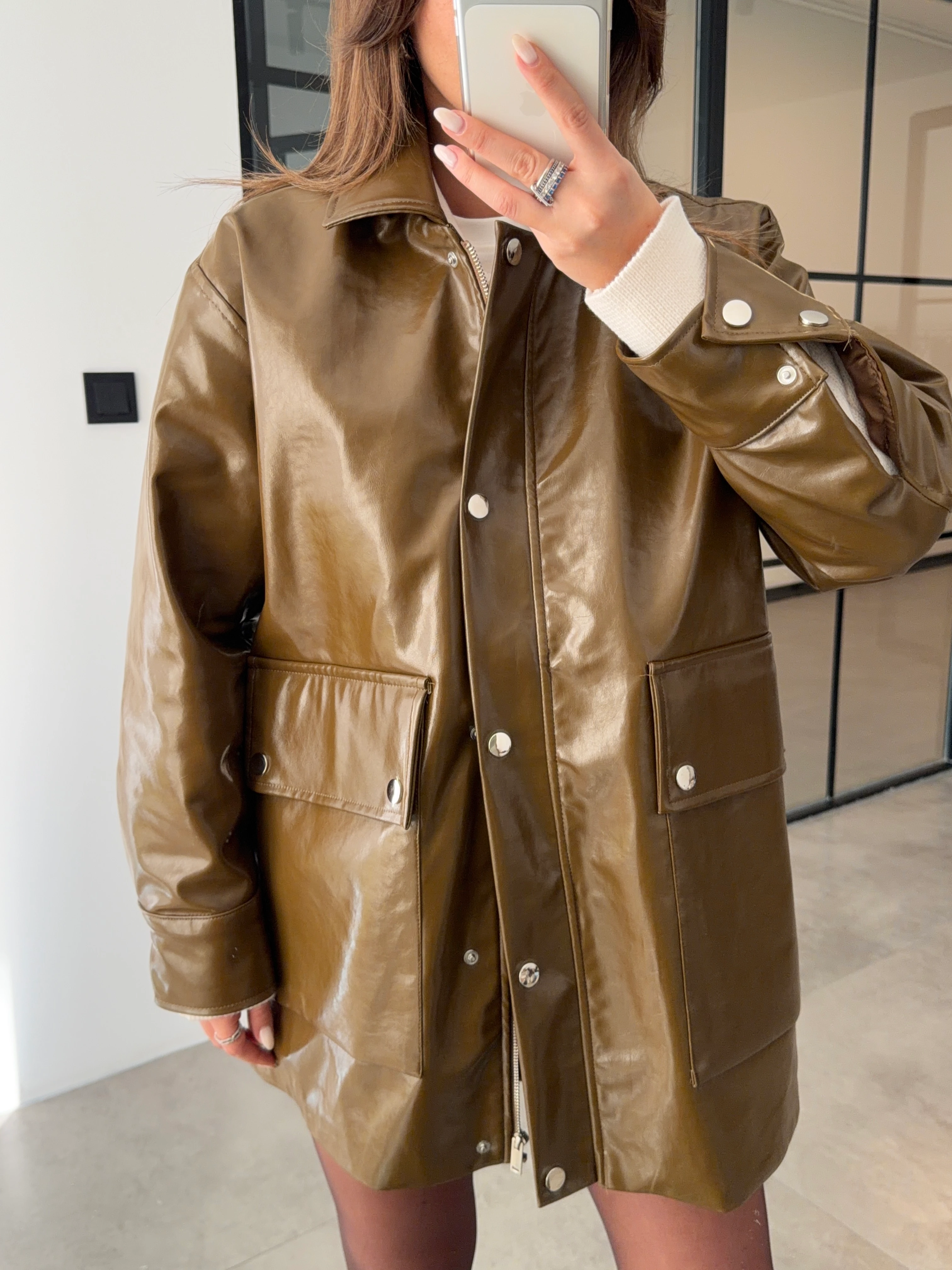 PARLAK DERİ VİZON PARKA CEKET