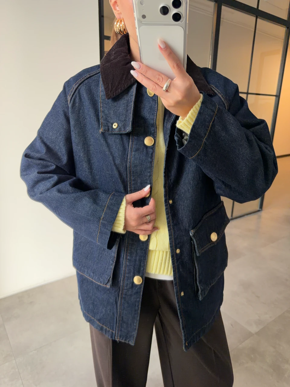 KADİFE YAKALI EKOSE ASTARLI DENİM CEKET