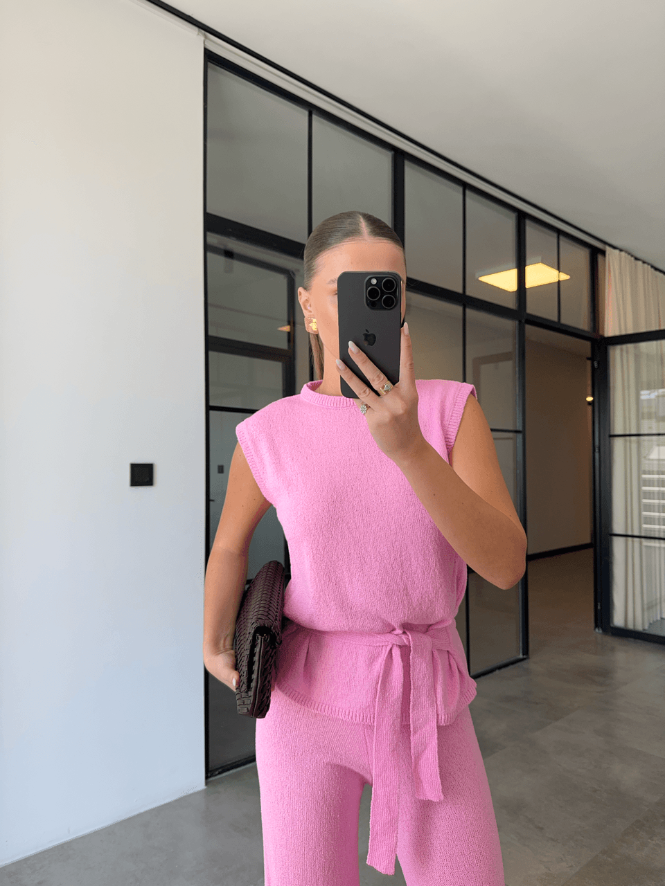 SIFIRKOL BAĞLAMALI BLUZ PEMBE İNCE TRİKO TAKIM
