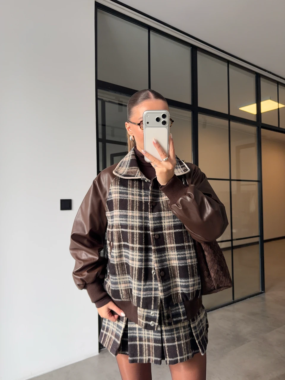 KAŞE EKOSELİ DERİ KOLLU BOMBER CEKET