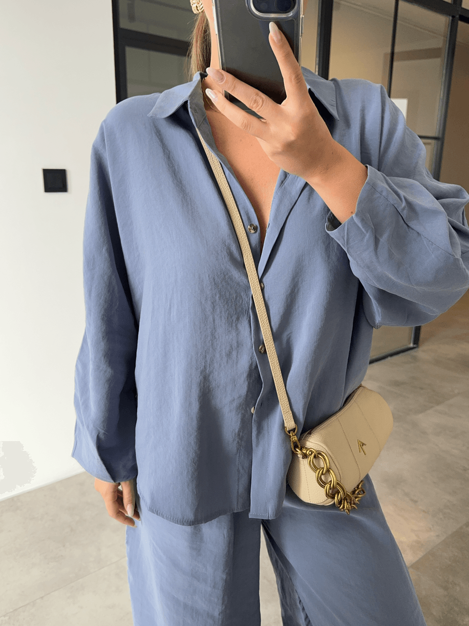 TENCEL KUMAŞ GRİ MAVİ GÖMLEK PANTOLON TAKIM