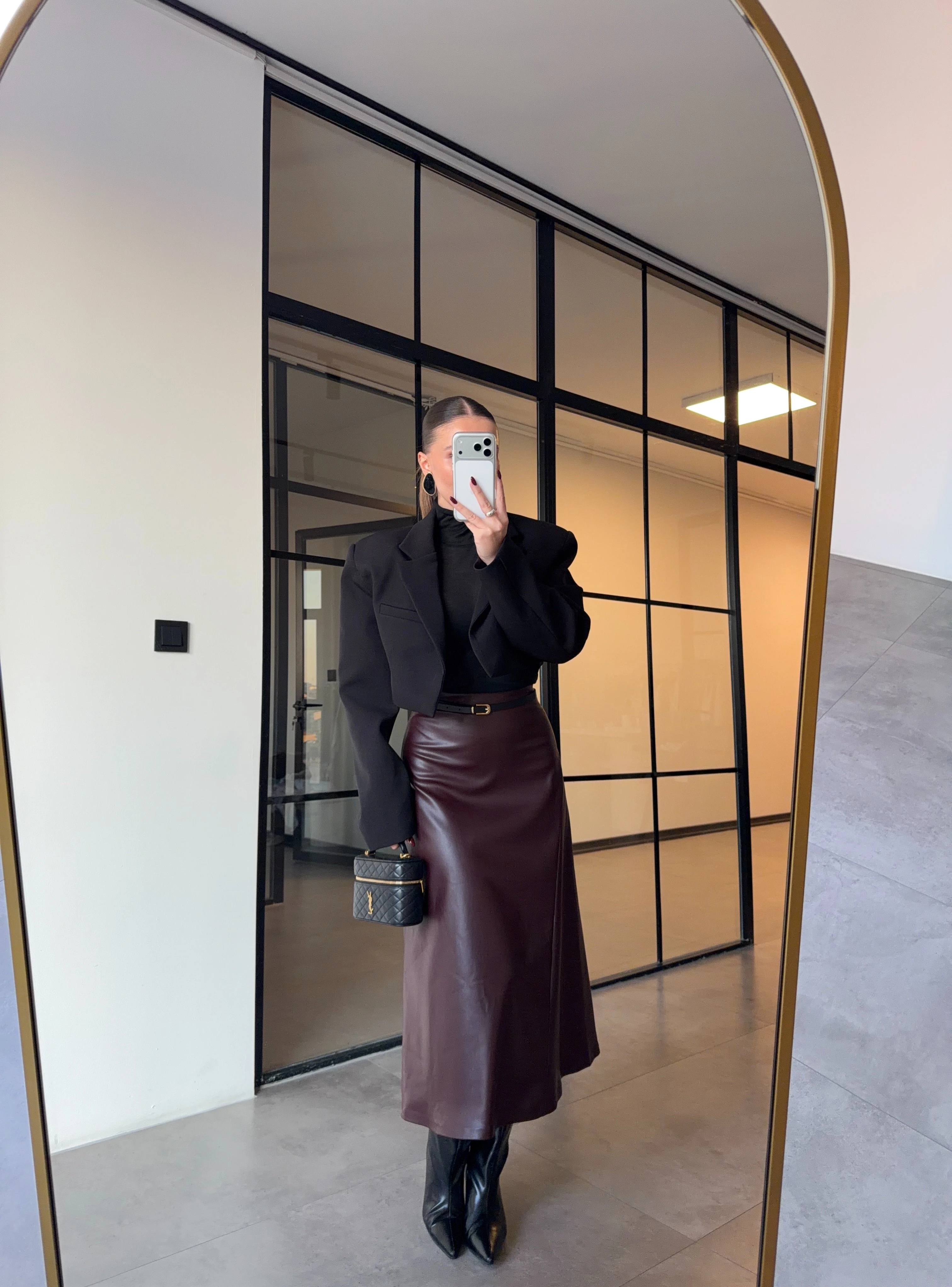 KEMERLİ MAXİ BORDO DERİ ETEK