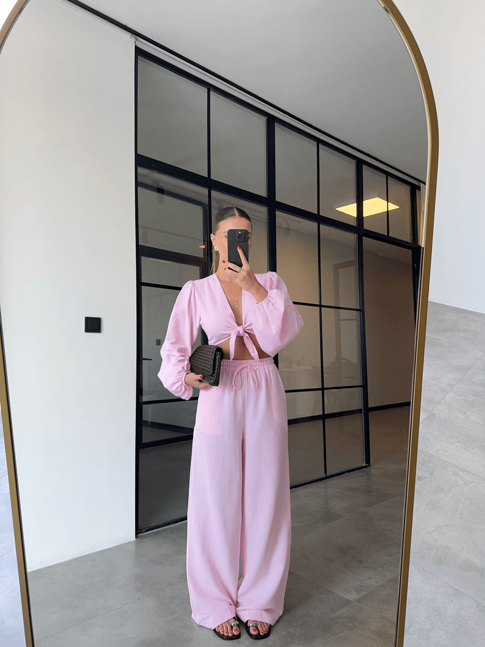 BAĞLAMALI CROP BLUZ PANTOLON PEMBE KETEN TAKIM