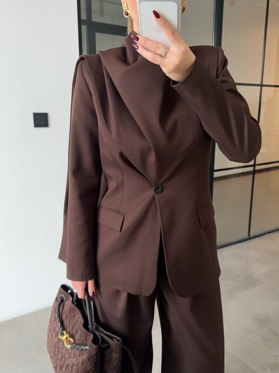 ŞAL DETAYLI CEKET PANTOLON KAHVERENGİ TAKIM