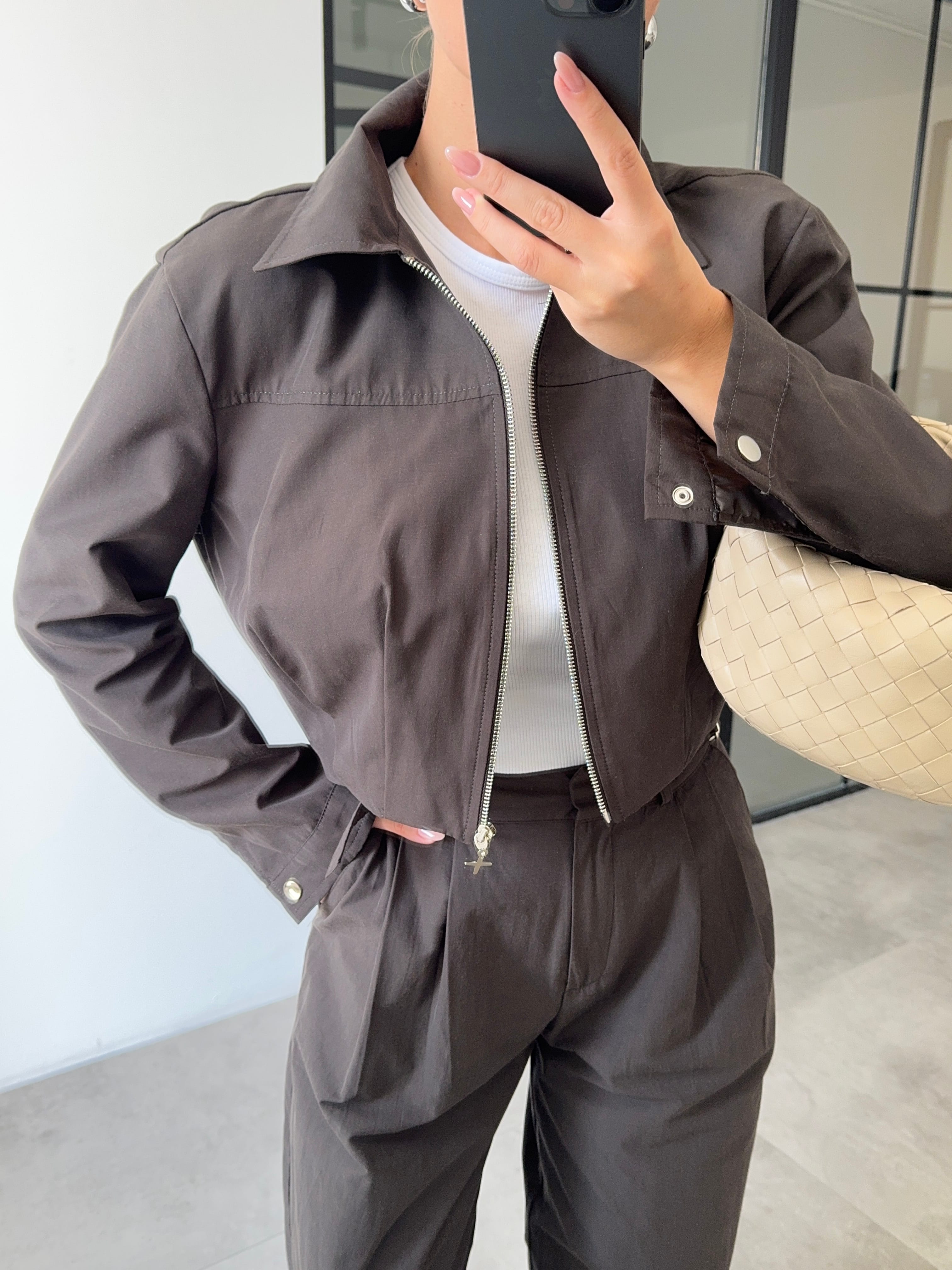 KOYU KAHVE CROP BOMBER CEKET 
