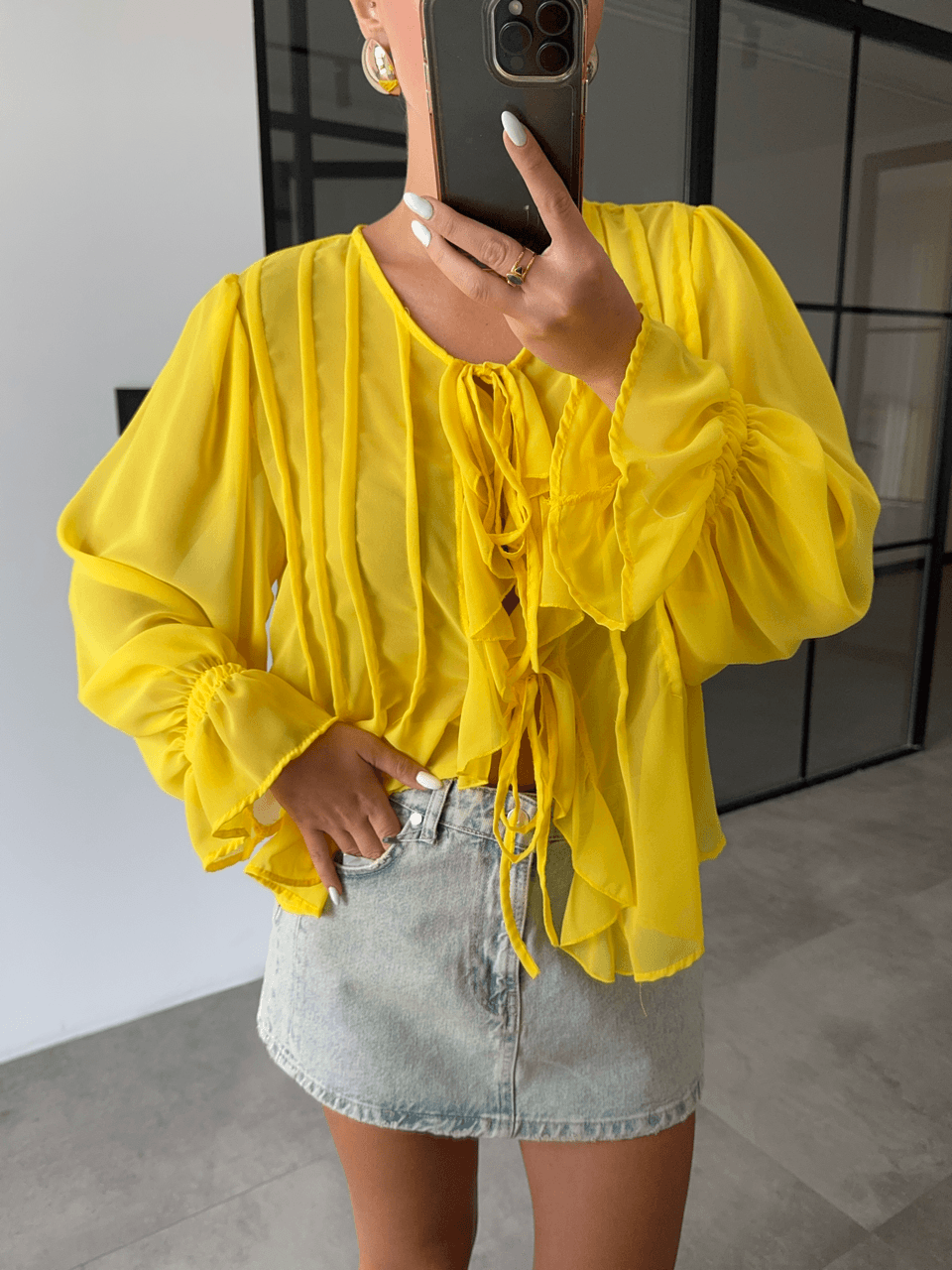 FIRFIRLI SARI ŞİFON BLUZ