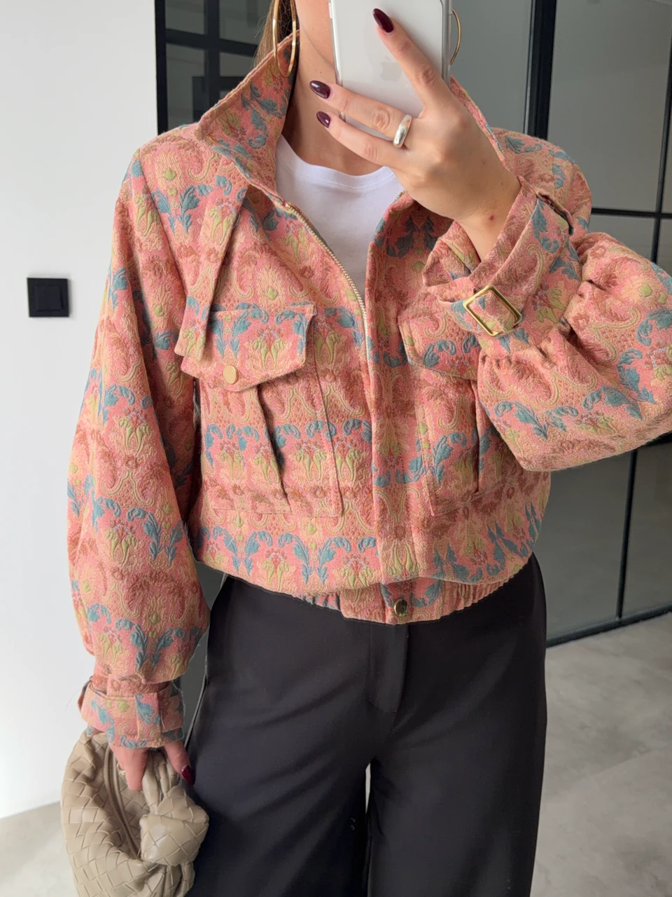 ETNİK DESENLİ KEMERLİ DİK YAKA BOMBER CEKET