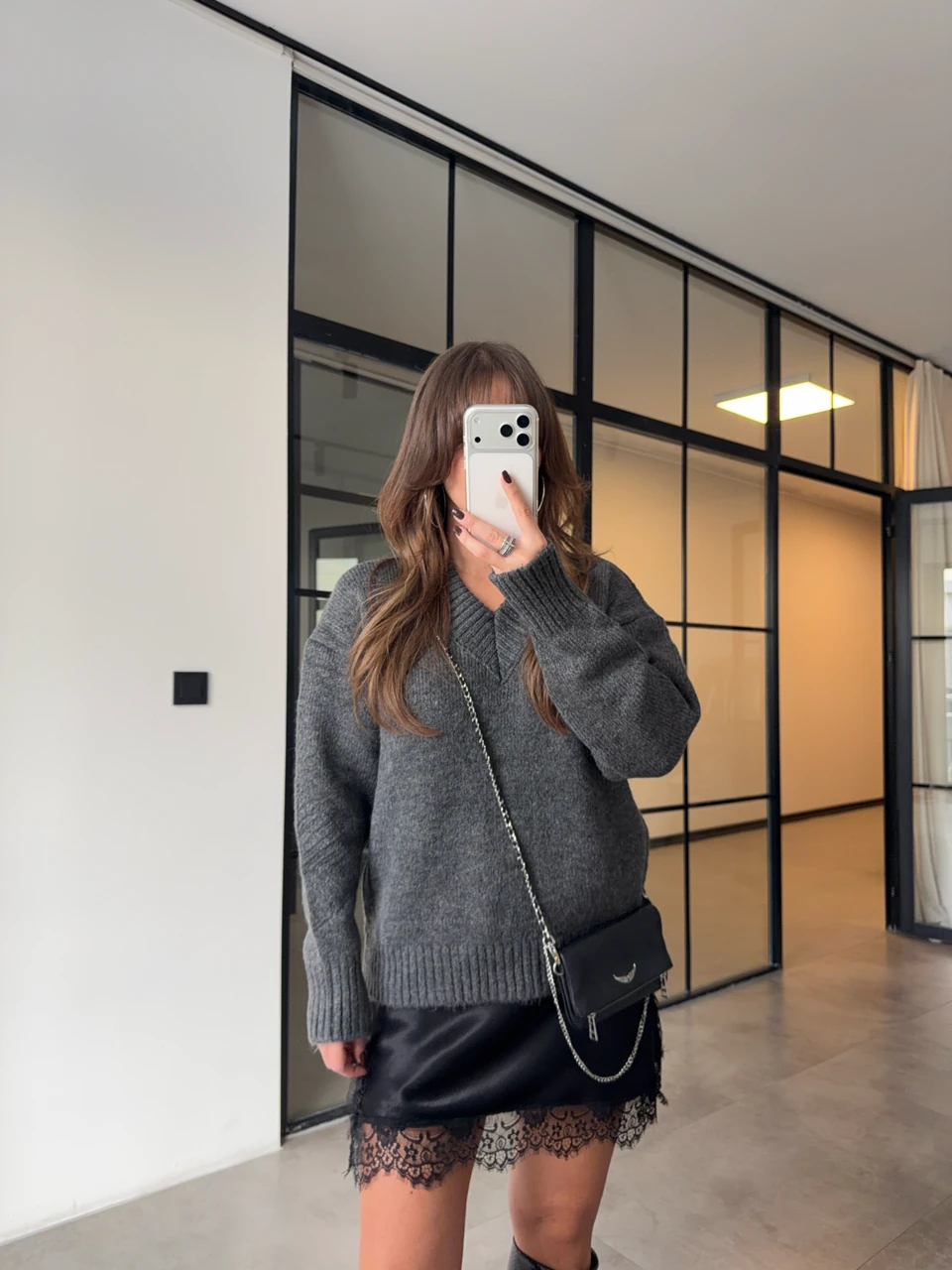 ASKILI SATEN BLUZ KAZAK İKİLİ TAKIM - Antrasit