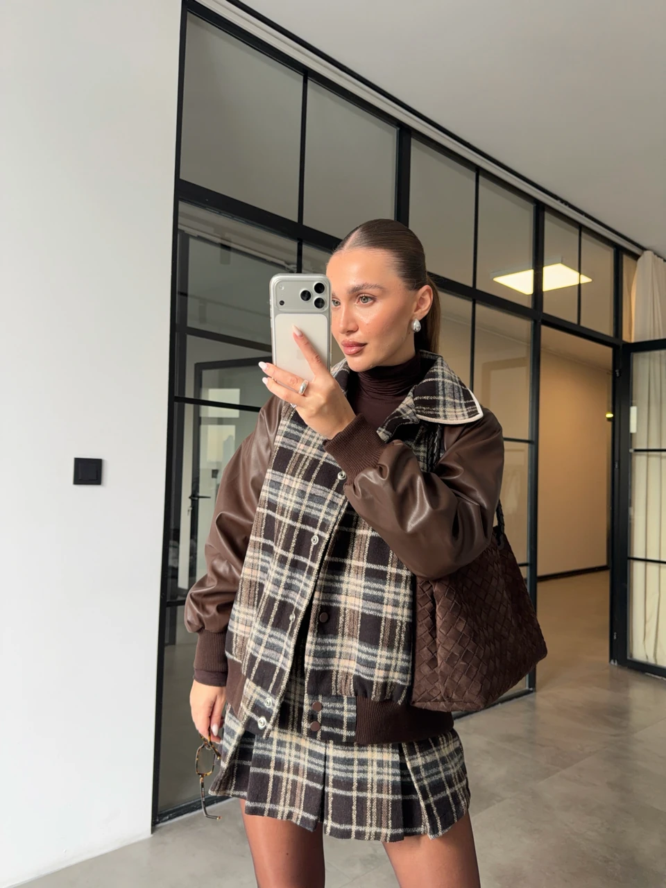 KAŞE EKOSELİ DERİ KOLLU BOMBER CEKET