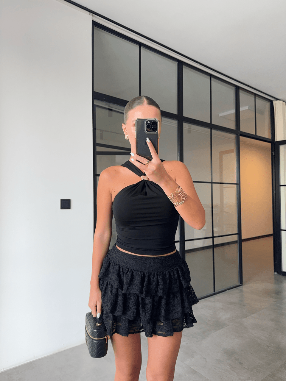 BLACK LACE SKIRT WITH SHORTS INSIDE