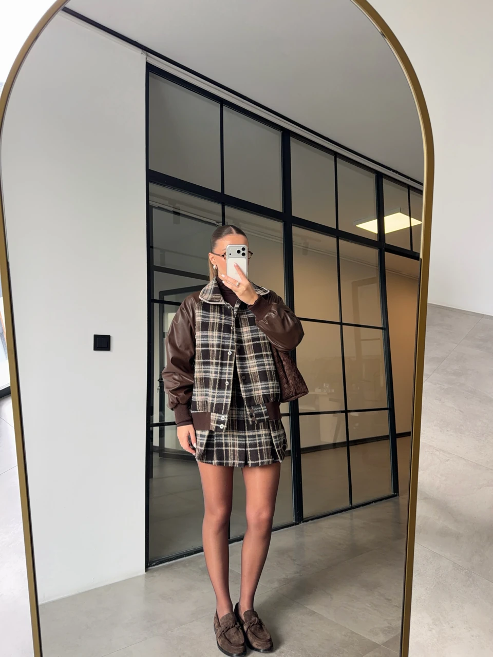 KAŞE EKOSELİ DERİ KOLLU BOMBER CEKET