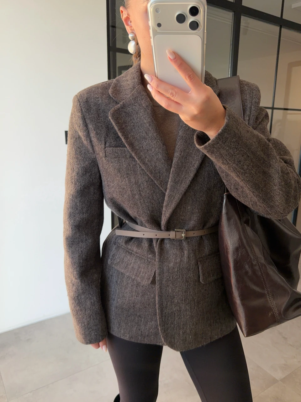 KAHVERENGİ ÇİZGİLİ KEMERLİ KAŞE CEKET