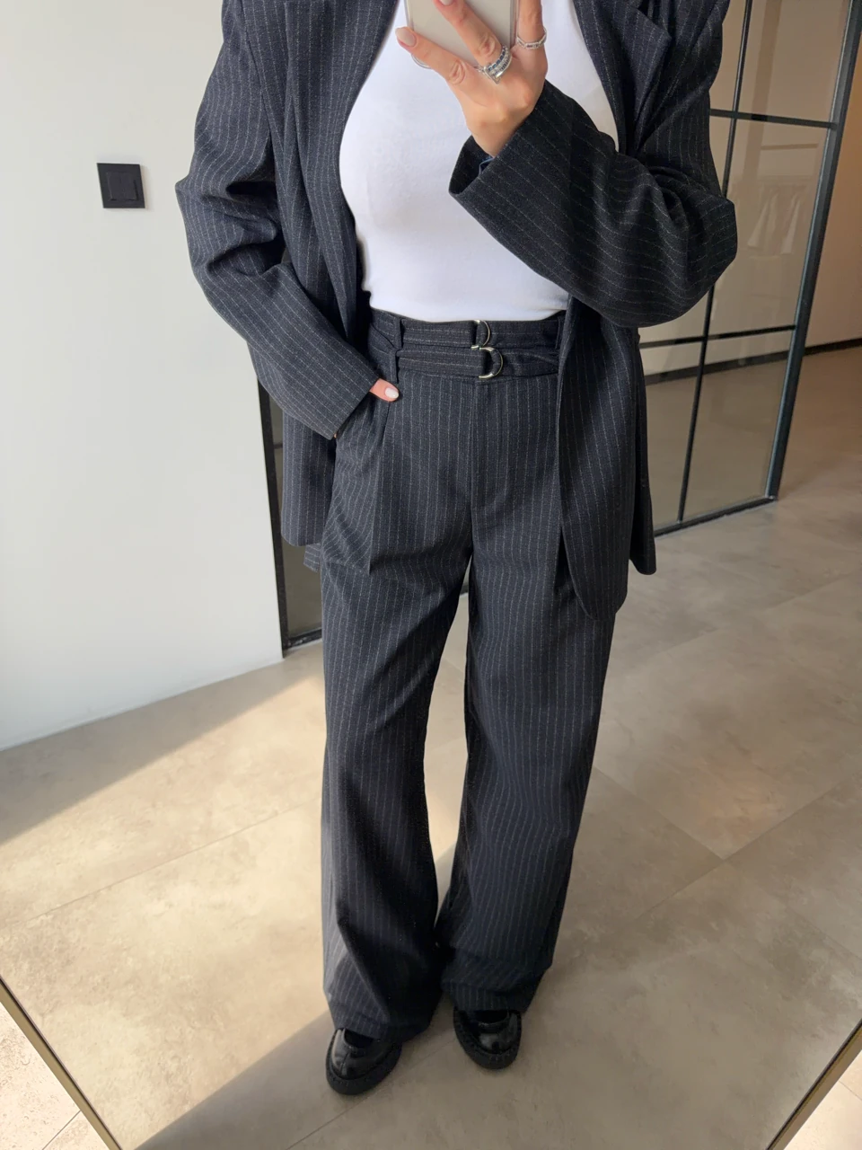 KEMER DETAYLI ÇİZGİLİ LACİVERT CEKET PALAZZO TAKIM