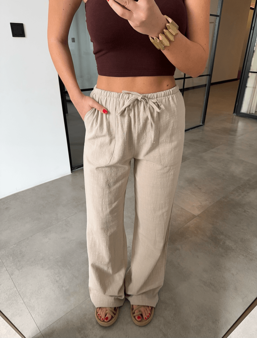 CEPLİ BEJ KETEN PANTOLON
