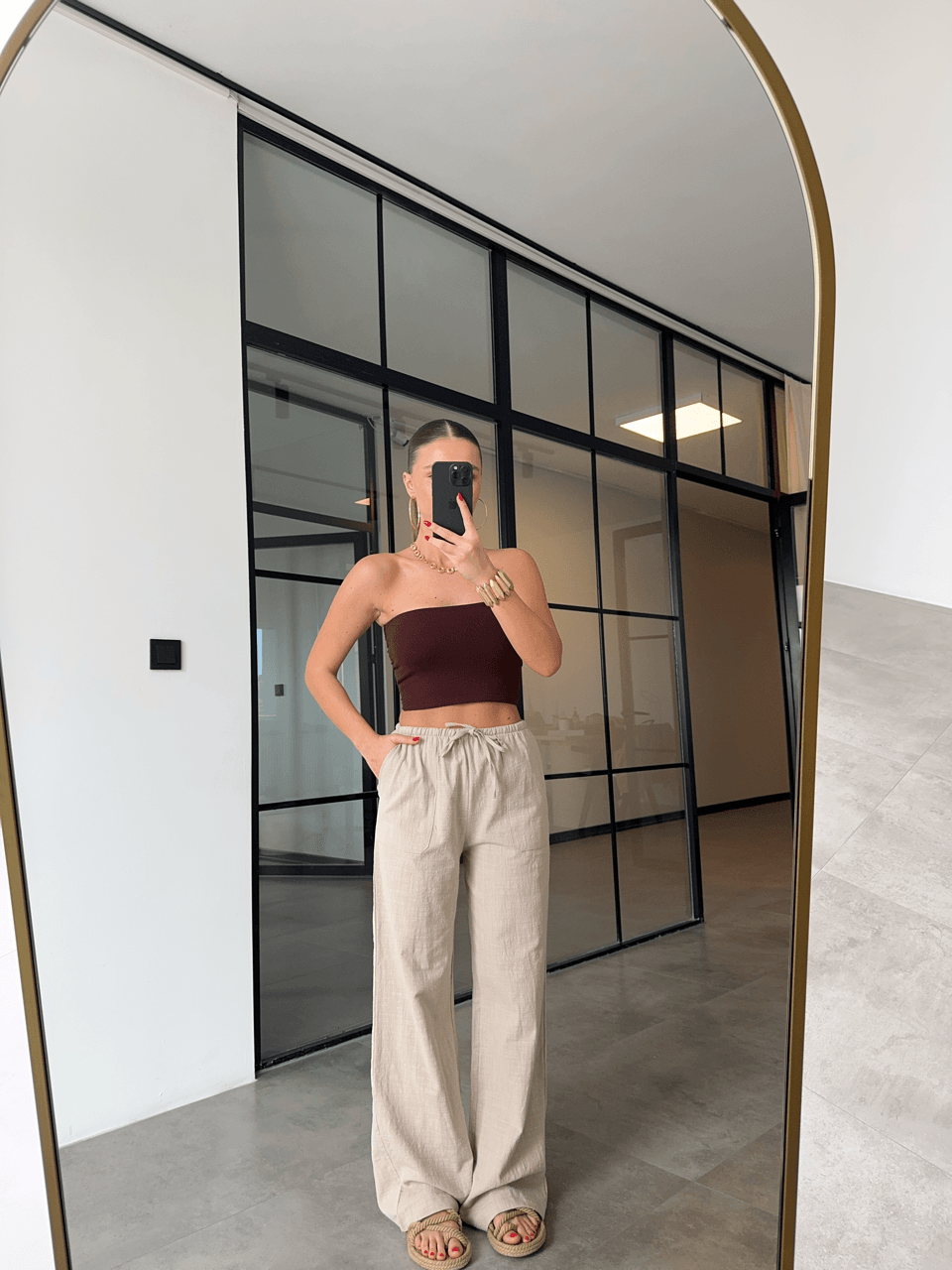 CEPLİ BEJ KETEN PANTOLON
