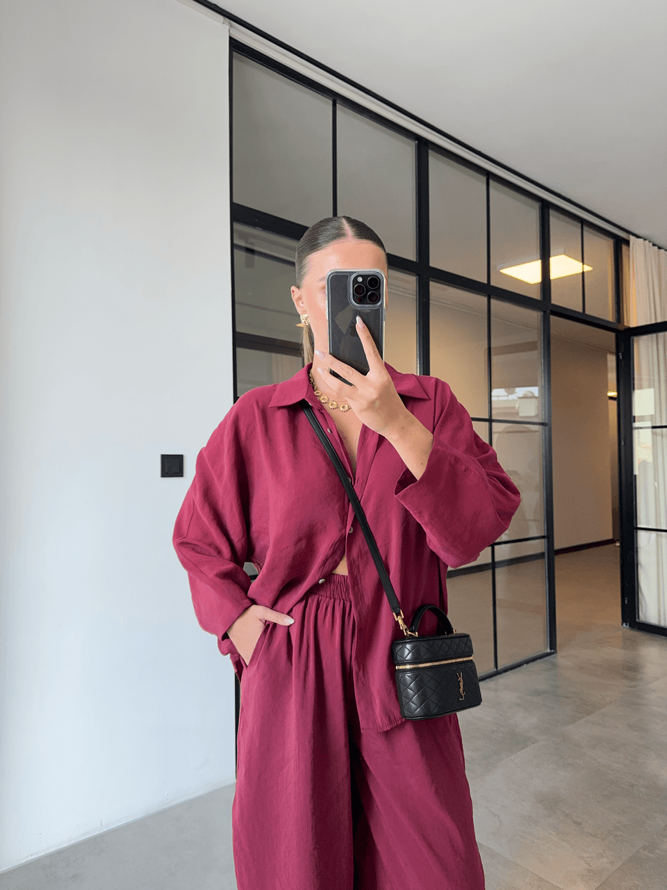 TENCEL KUMAŞ BORDO PANTOLON GÖMLEK TAKIM