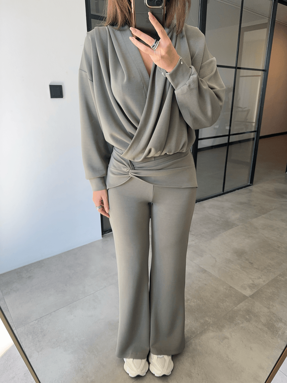 DÜĞÜMLÜ PANTOLON KRUVAZE SWEAT HAKİ MODAL TAKIM