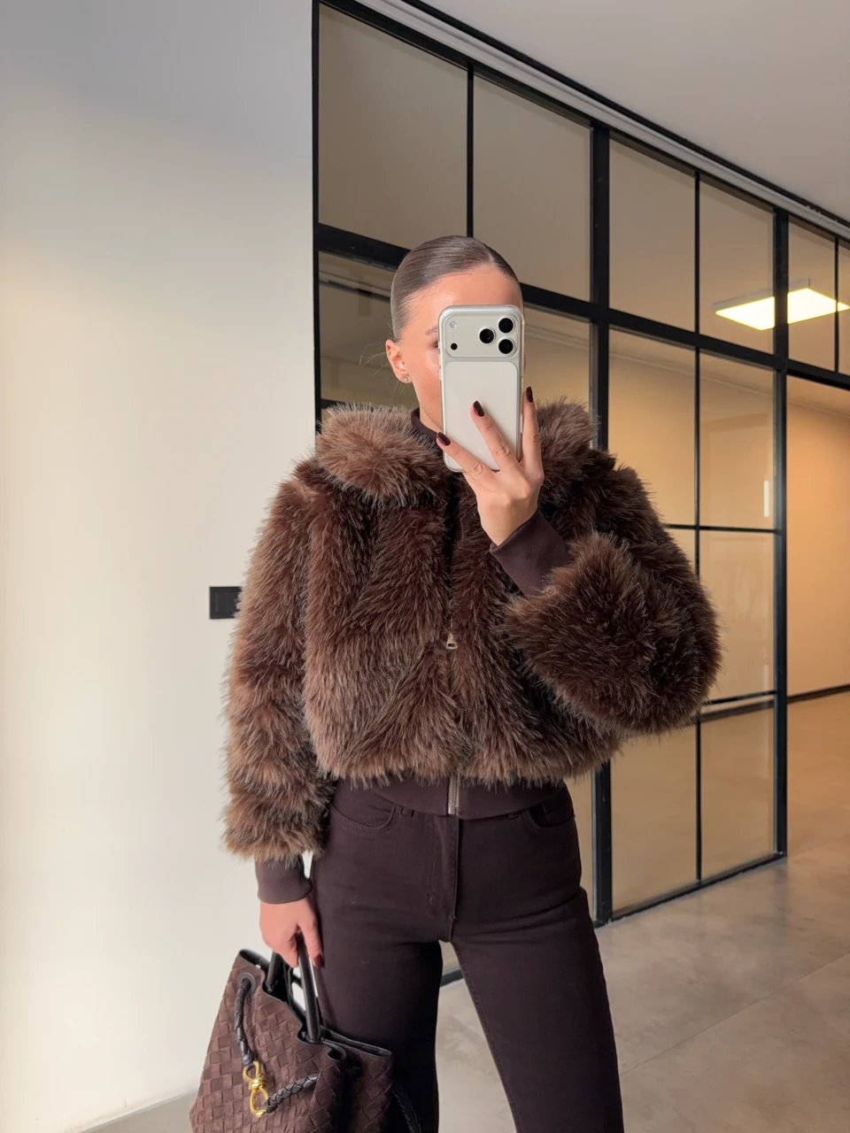 KIRÇILLI CROP KÜRK - Kahverengi