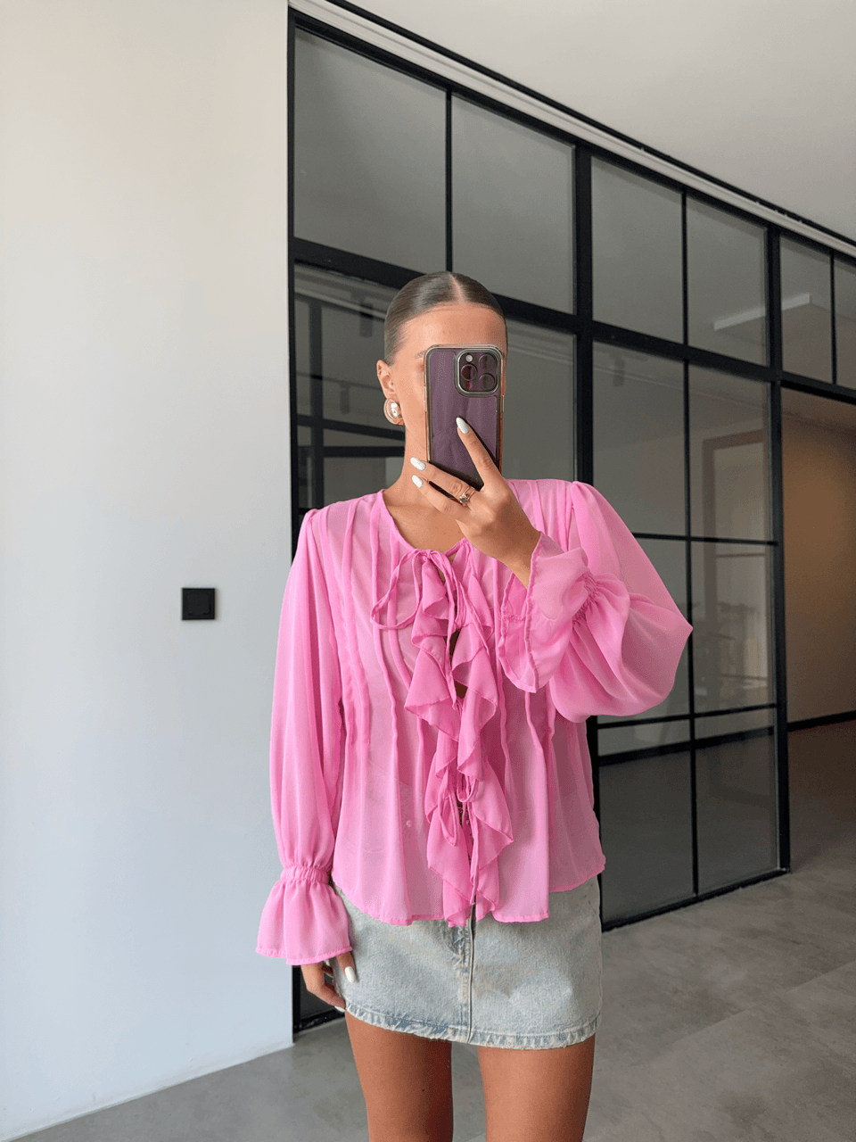 FIRFIRLI PEMBE ŞİFON BLUZ