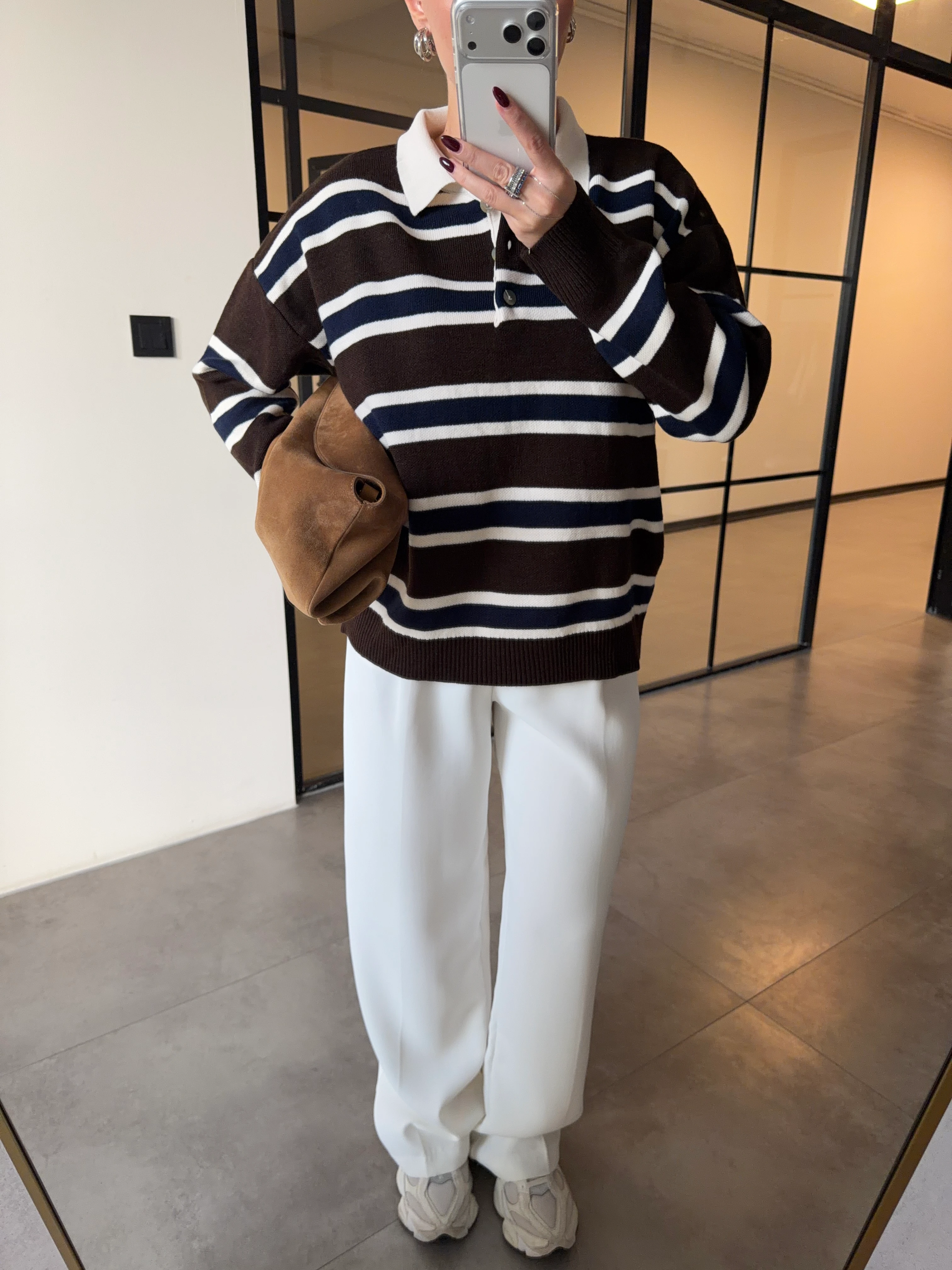 POLO YAKA KAHVE-LACİVERT ÇİZGİLİ KAZAK