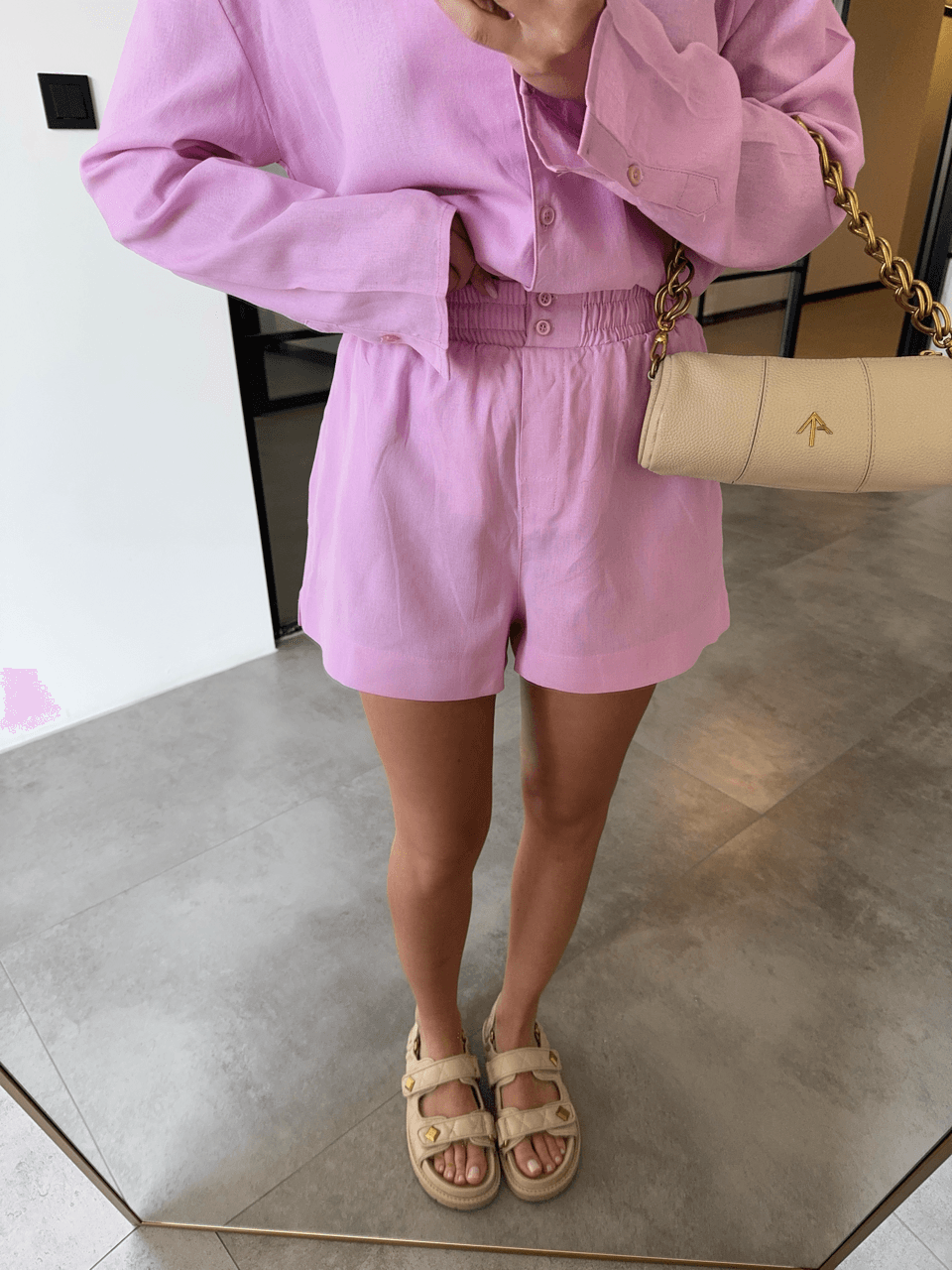 LONG SLEEVE SHIRT BUTTONED SHORTS PINK LINEN SET
