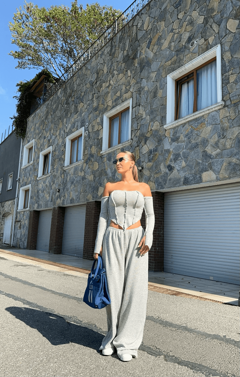 DÜŞÜK OMUZ BLUZ SALAŞ PANTOLON FİTİLLİ GRİ TAKIM