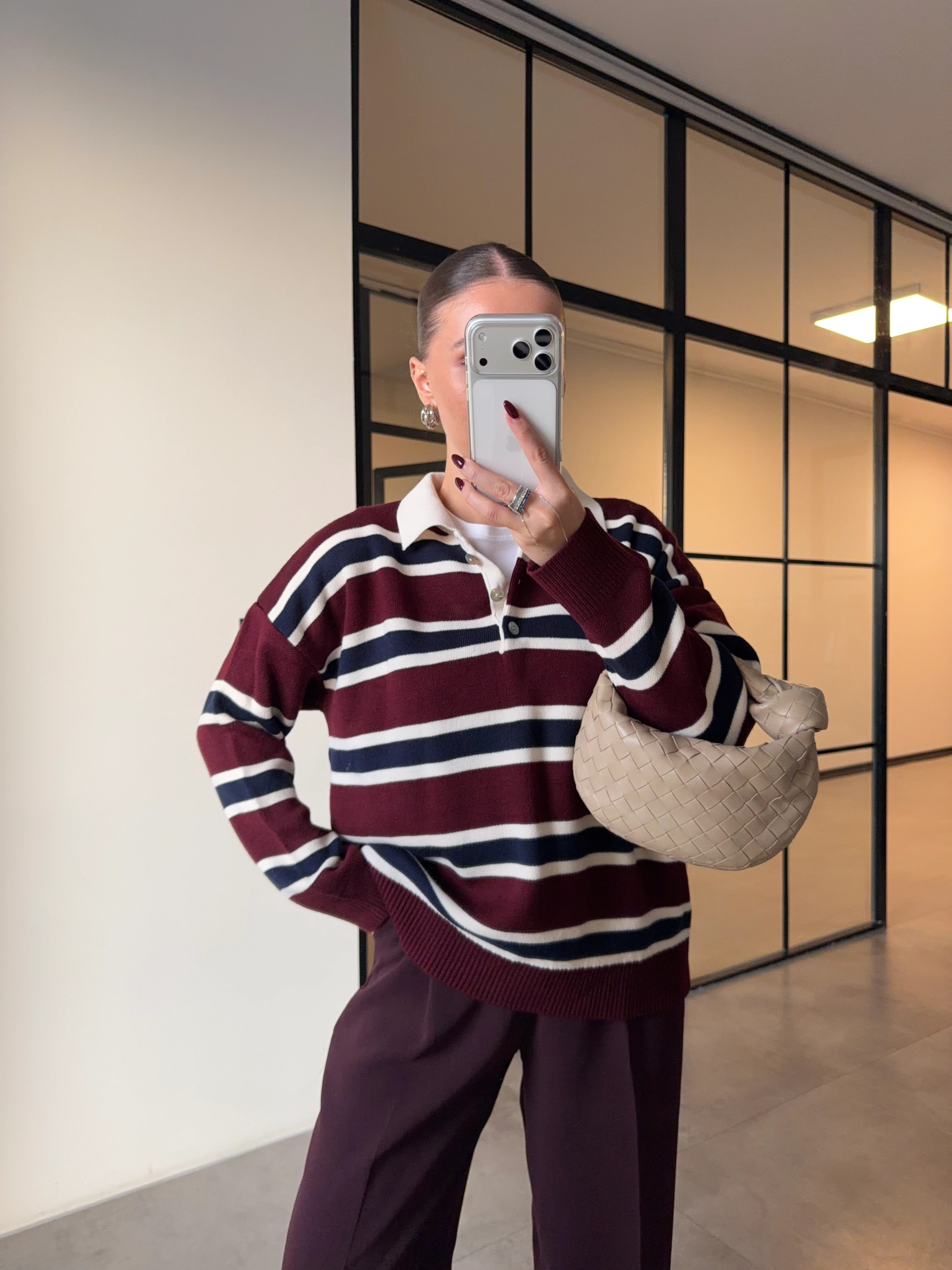 POLO YAKA BORDO-KREM ÇİZGİLİ KAZAK