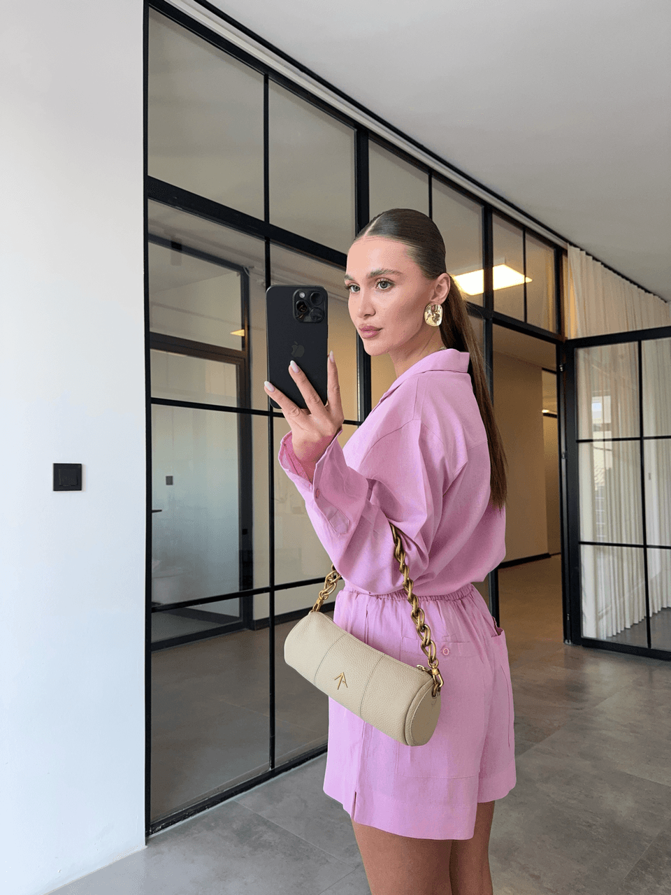 LONG SLEEVE SHIRT BUTTONED SHORTS PINK LINEN SET
