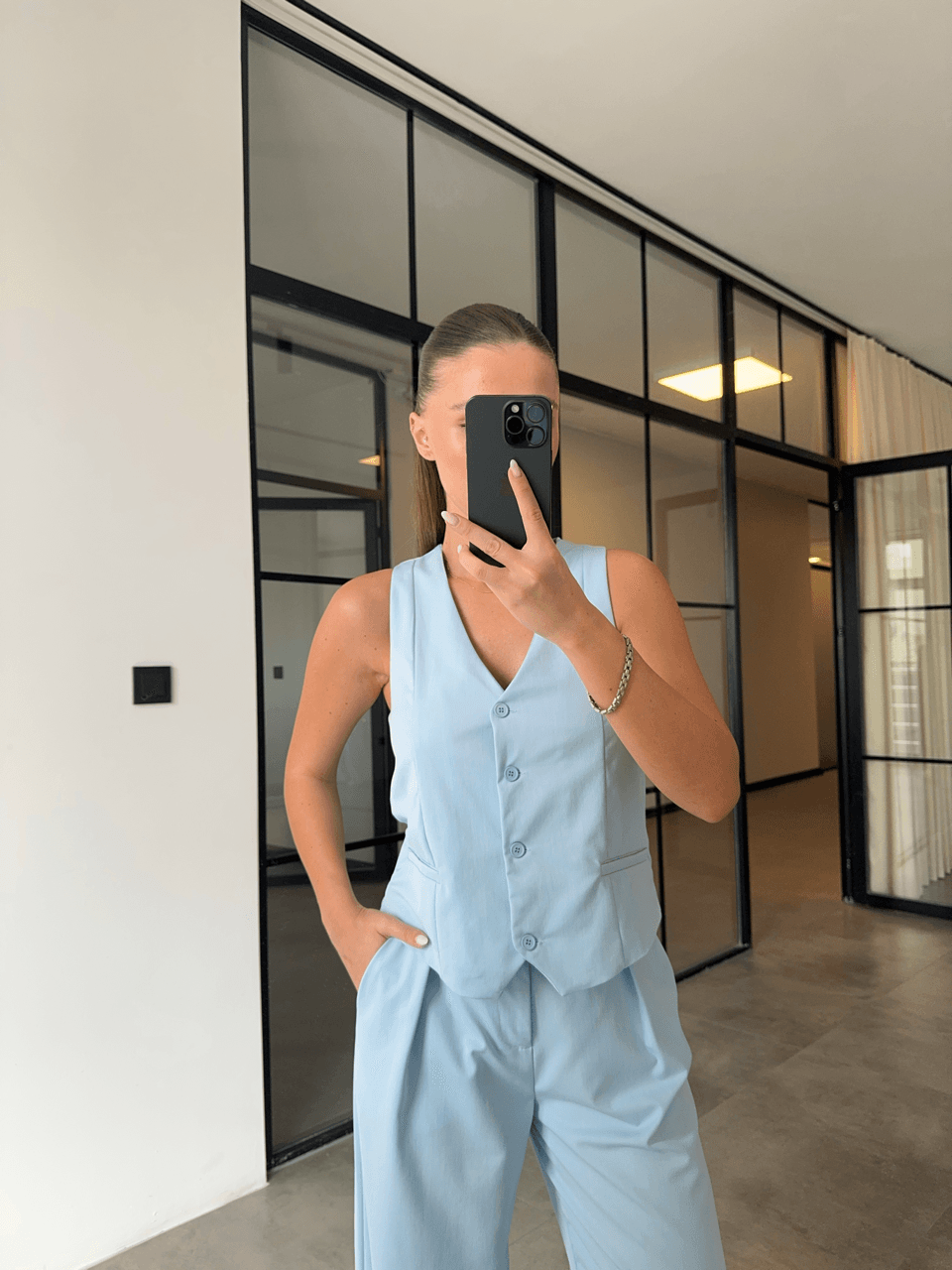 BEBE MAVİ YELEK PALAZZO TAKIM