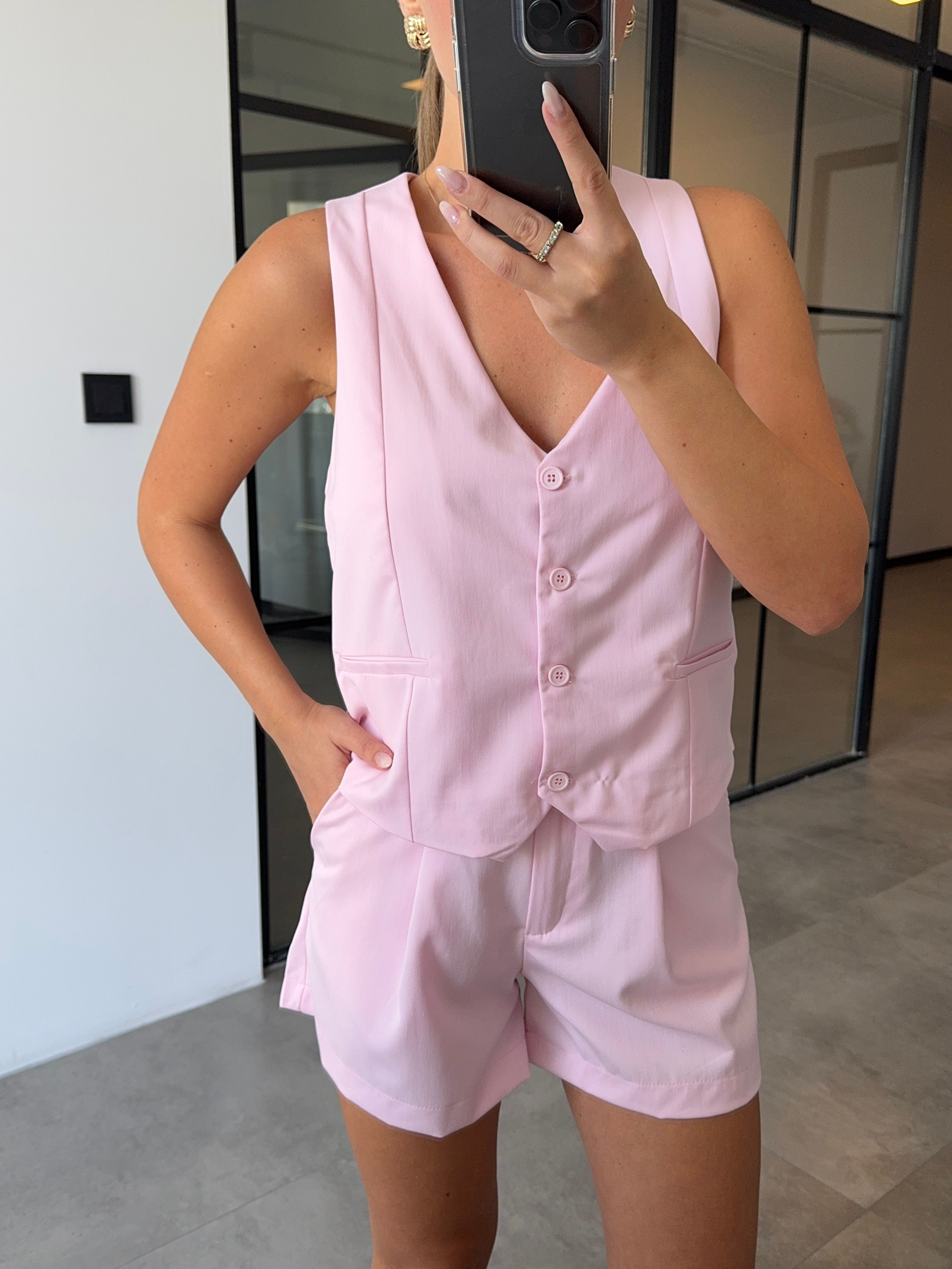 YELEK PİLELİ ŞORT PEMBE TAKIM
