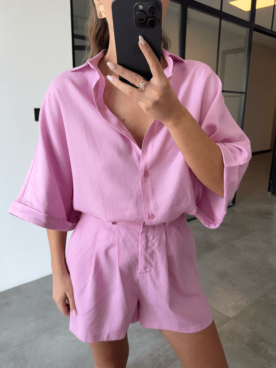 SHORT SLEEVE SHIRT SHORT PINK LINEN SUIT