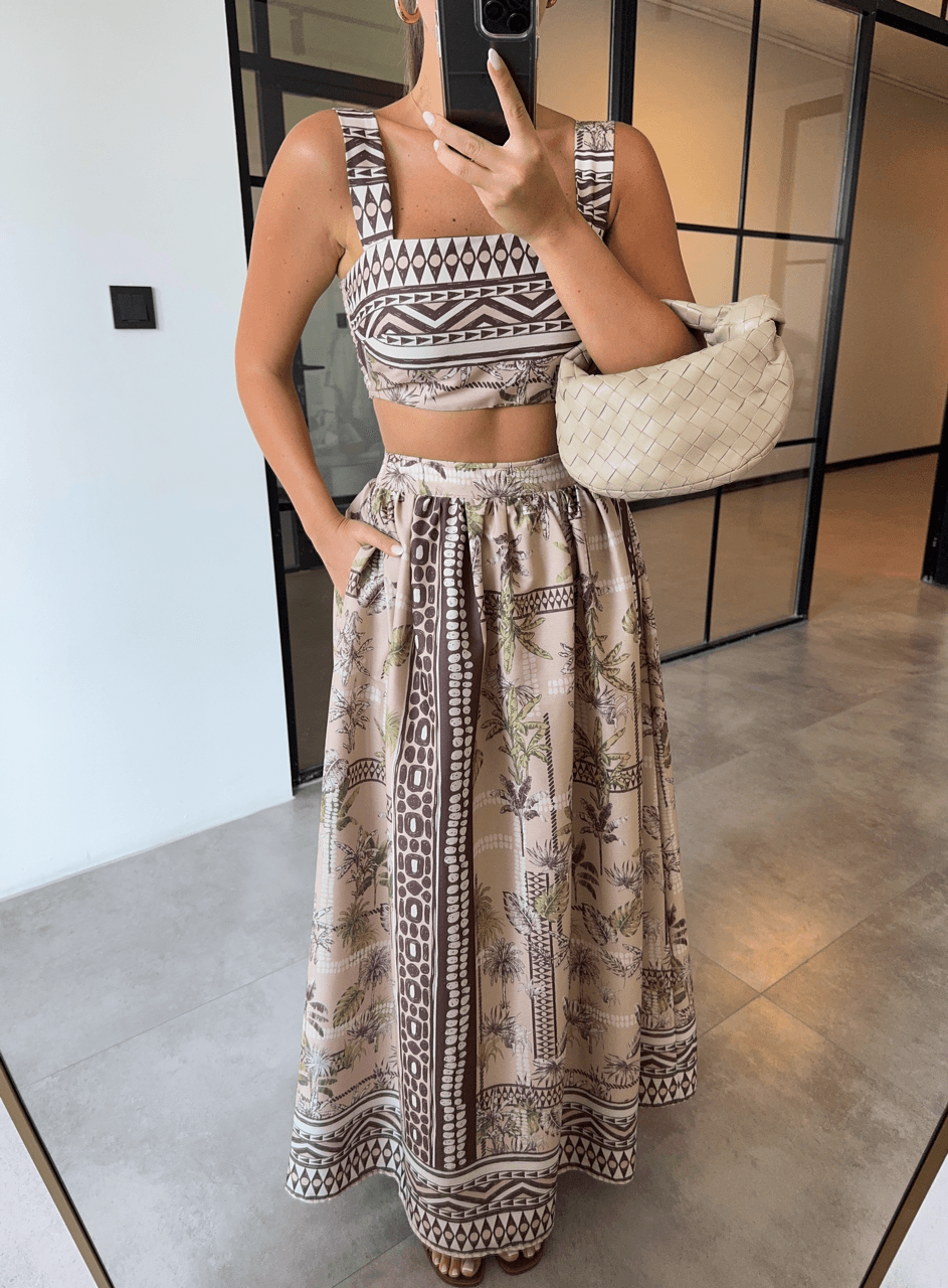 THICK STRAP CROP MAXI SKIRT BROWN PATTERNED SUIT