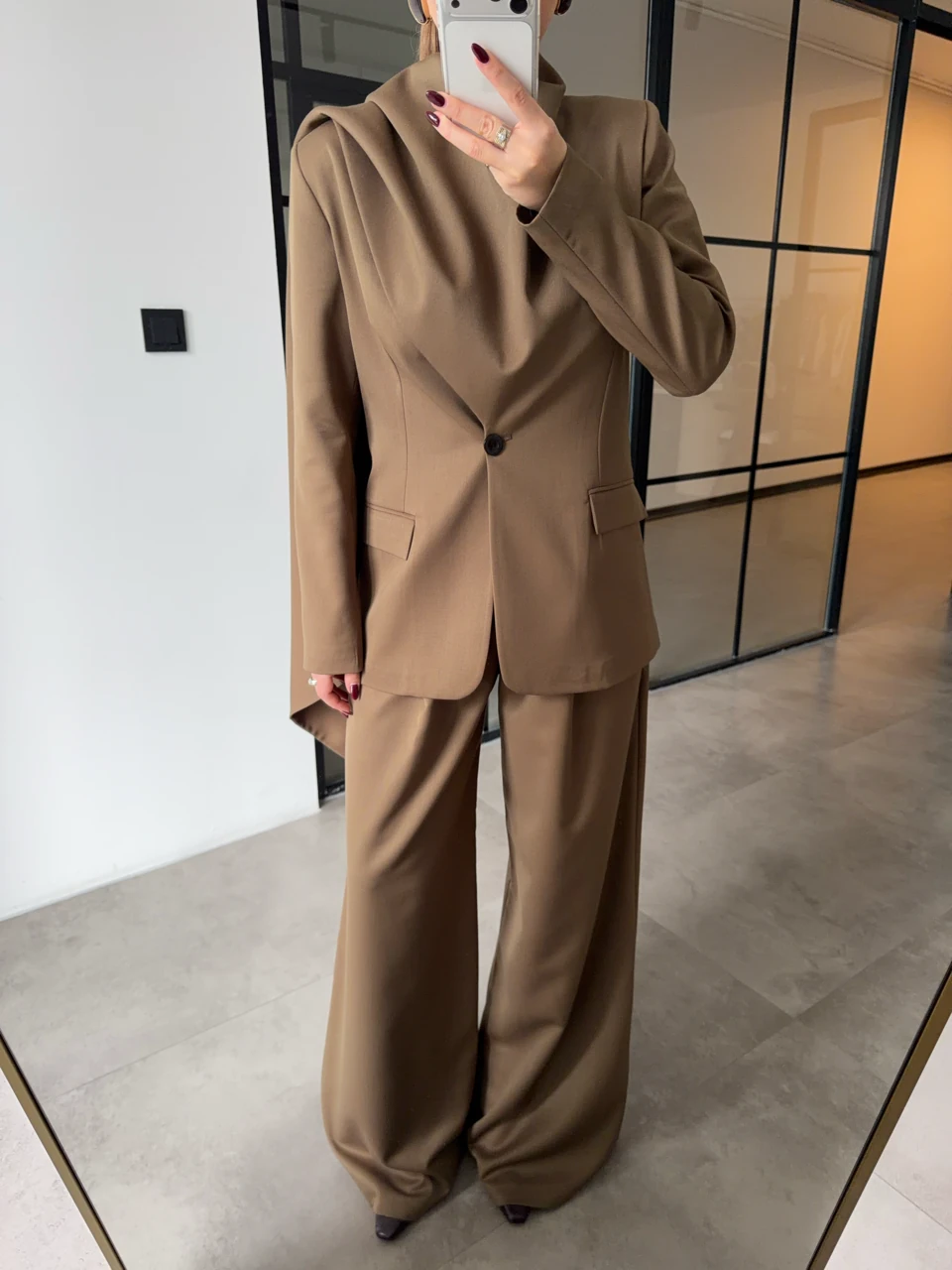 ŞAL DETAYLI CEKET PANTOLON VİZON TAKIM