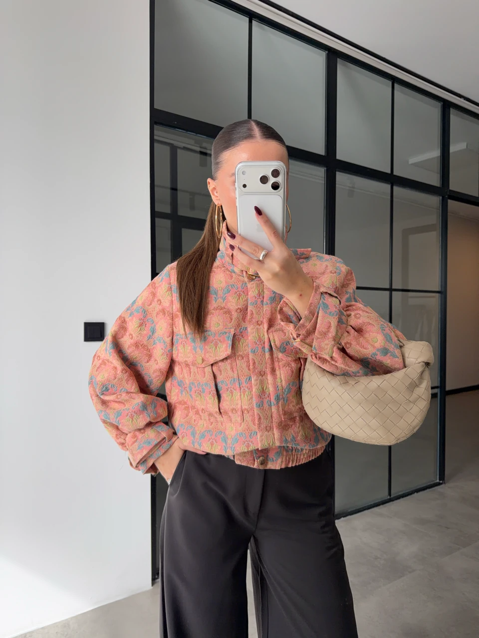 ETNİK DESENLİ KEMERLİ DİK YAKA BOMBER CEKET