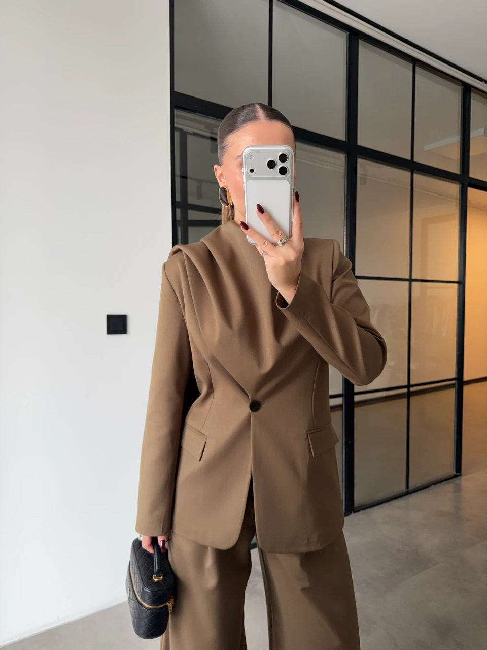 ŞAL DETAYLI CEKET PANTOLON VİZON TAKIM